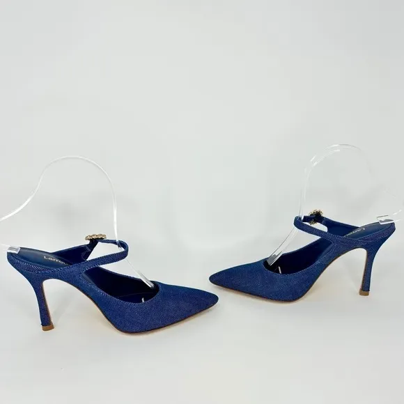 EUC Larroude Candy Pumps High Heels in Denim Blue with Jewel Buckle, Size 6.5