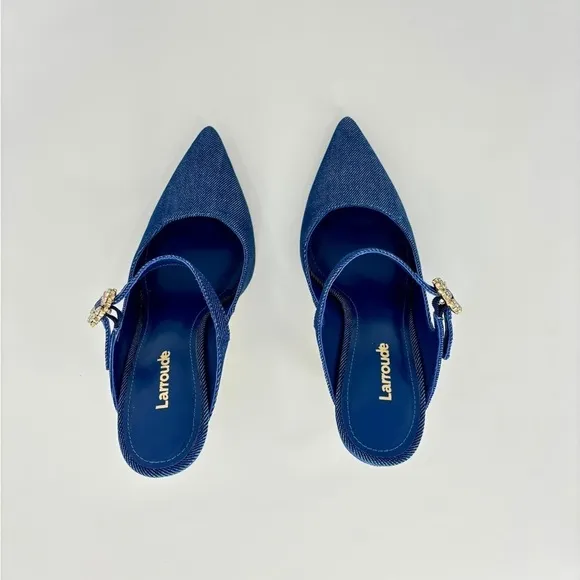 EUC Larroude Candy Pumps High Heels in Denim Blue with Jewel Buckle, Size 6.5