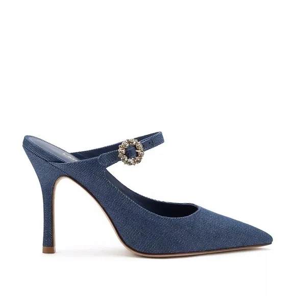EUC Larroude Candy Pumps High Heels in Denim Blue with Jewel Buckle, Size 6.5