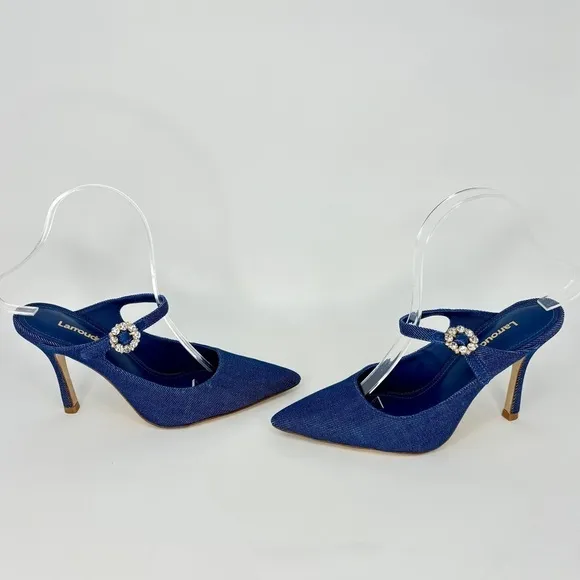 EUC Larroude Candy Pumps High Heels in Denim Blue with Jewel Buckle, Size 6.5
