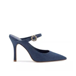 EUC Larroude Candy Pumps High Heels in Denim Blue with Jewel Buckle, Size 6.5