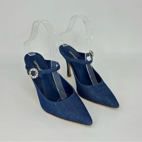 EUC Larroude Candy Pumps High Heels in Denim Blue with Jewel Buckle, Size 6.5