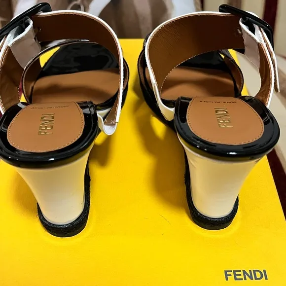 FENDI NIB AUTHENTIC WHITE &amp; BLACK GENUINE PATENT LEATHER WEDGE HEEL SANDALS