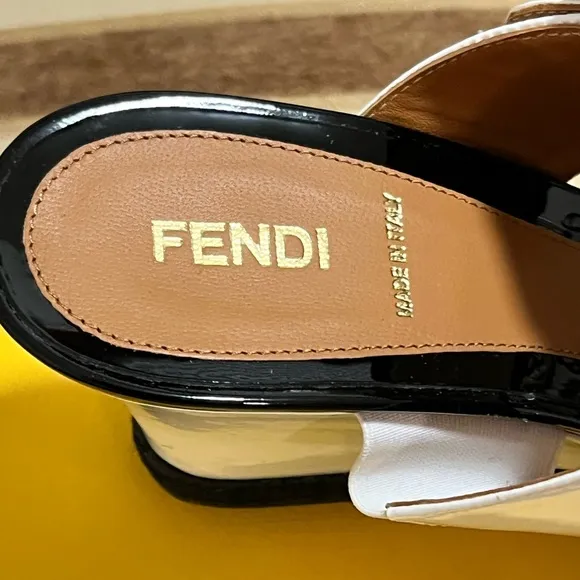 FENDI NIB AUTHENTIC WHITE &amp; BLACK GENUINE PATENT LEATHER WEDGE HEEL SANDALS