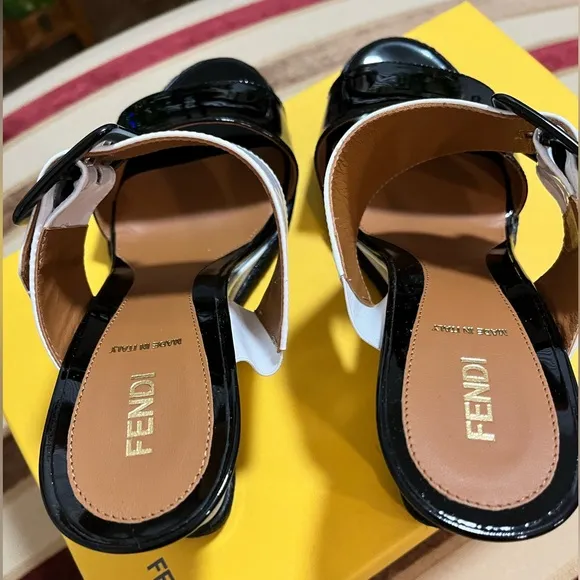 FENDI NIB AUTHENTIC WHITE &amp; BLACK GENUINE PATENT LEATHER WEDGE HEEL SANDALS
