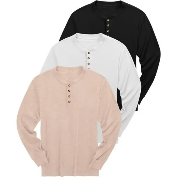 Ficerd 3 Pack Men's Henley Shirts Long Sleeve T-Shirt Basic Lightweight Button