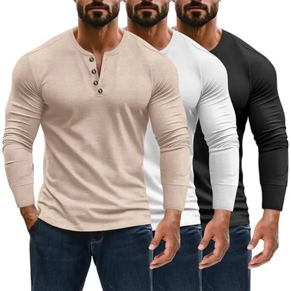 Ficerd 3 Pack Men's Henley Shirts Long Sleeve T-Shirt Basic Lightweight Button
