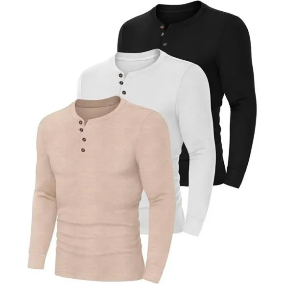 Ficerd 3 Pack Men's Henley Shirts Long Sleeve T-Shirt Basic Lightweight Button