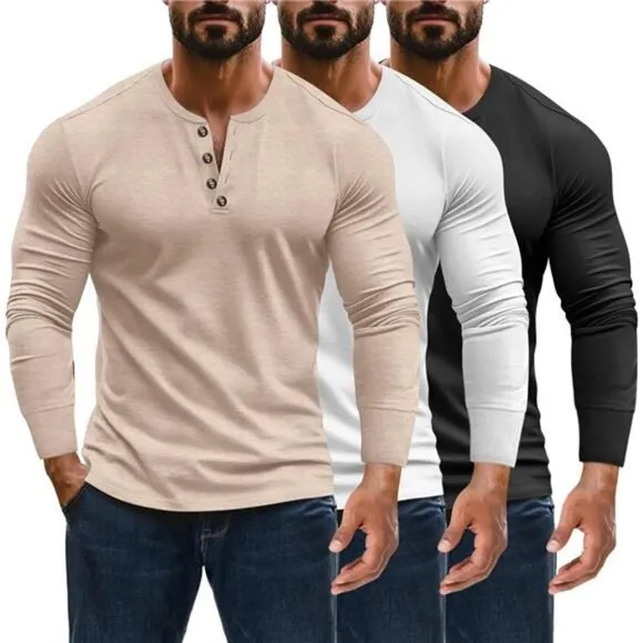 Ficerd 3 Pack Men's Henley Shirts Long Sleeve T-Shirt Basic Lightweight Button