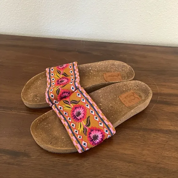 Figue Women's Noona Cork Floral Embroidered Slides Boho Sandals Size 7 1/2