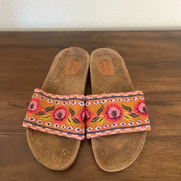 Figue Women's Noona Cork Floral Embroidered Slides Boho Sandals Size 7 1/2
