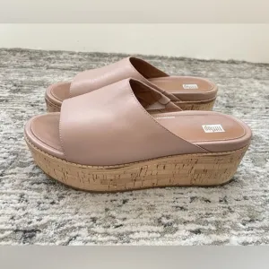 Fitflop Eloise Leather Sandals Size 9 Platform Slides Cork Wedge Beige/pink