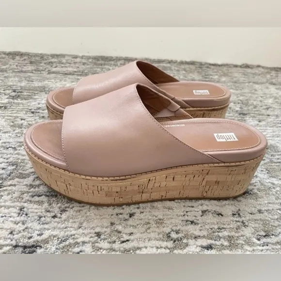 Fitflop Eloise Leather Sandals Size 9 Platform Slides Cork Wedge Beige/pink