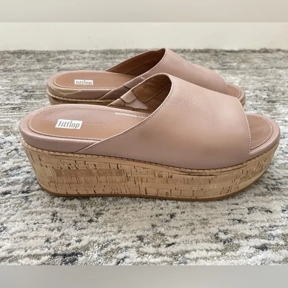 Fitflop Eloise Leather Sandals Size 9 Platform Slides Cork Wedge Beige/pink
