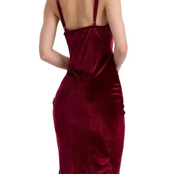 Flamingals Velvet Dress V Neck Spaghetti Strap Bodycon Wedding Birthday Ruched S