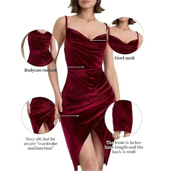 Flamingals Velvet Dress V Neck Spaghetti Strap Bodycon Wedding Birthday Ruched S