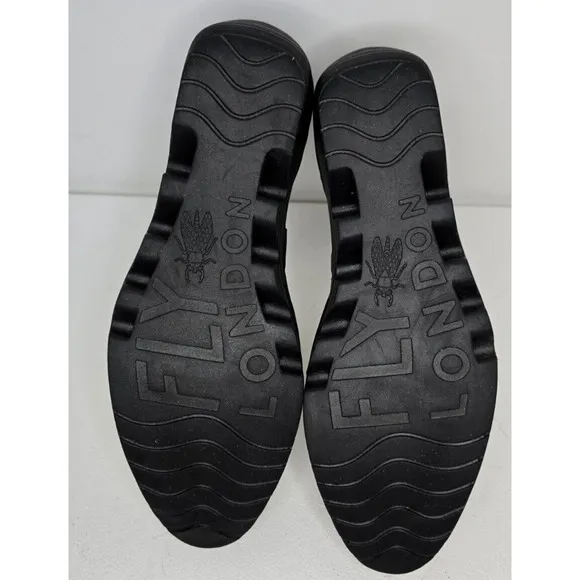 FLY London Plan 717 Fly Closed Toe Wedges Black Nubuck Ankle Strap Sz EU 38