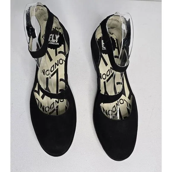 FLY London Plan 717 Fly Closed Toe Wedges Black Nubuck Ankle Strap Sz EU 38