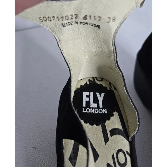 FLY London Plan 717 Fly Closed Toe Wedges Black Nubuck Ankle Strap Sz EU 38