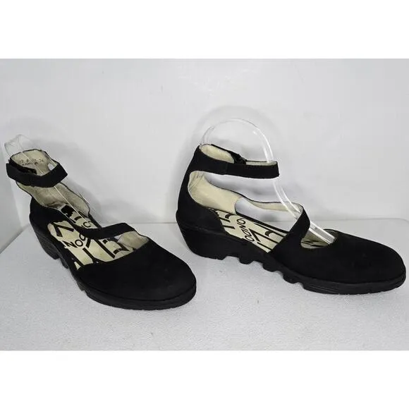 FLY London Plan 717 Fly Closed Toe Wedges Black Nubuck Ankle Strap Sz EU 38