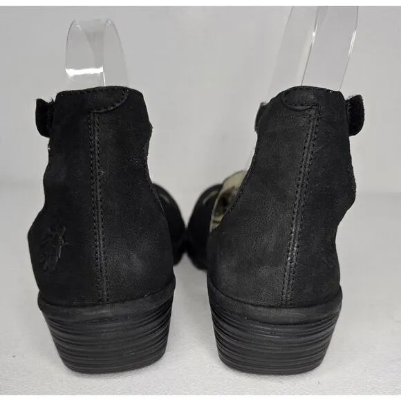 FLY London Plan 717 Fly Closed Toe Wedges Black Nubuck Ankle Strap Sz EU 38