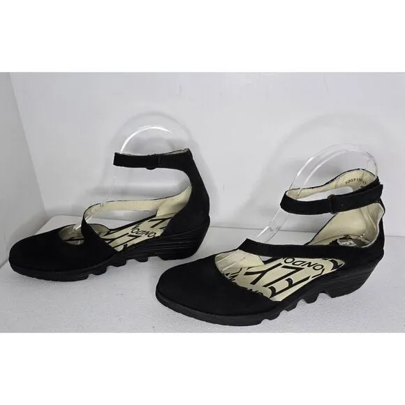 FLY London Plan 717 Fly Closed Toe Wedges Black Nubuck Ankle Strap Sz EU 38