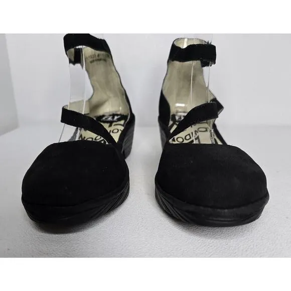 FLY London Plan 717 Fly Closed Toe Wedges Black Nubuck Ankle Strap Sz EU 38
