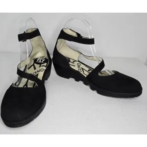 FLY London Plan 717 Fly Closed Toe Wedges Black Nubuck Ankle Strap Sz EU 38