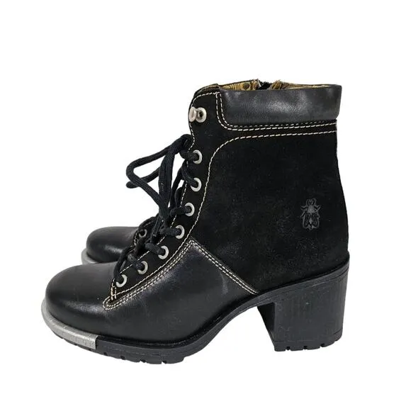 Fly London Womens Leal Block Heel Black Leather and Suede Boots