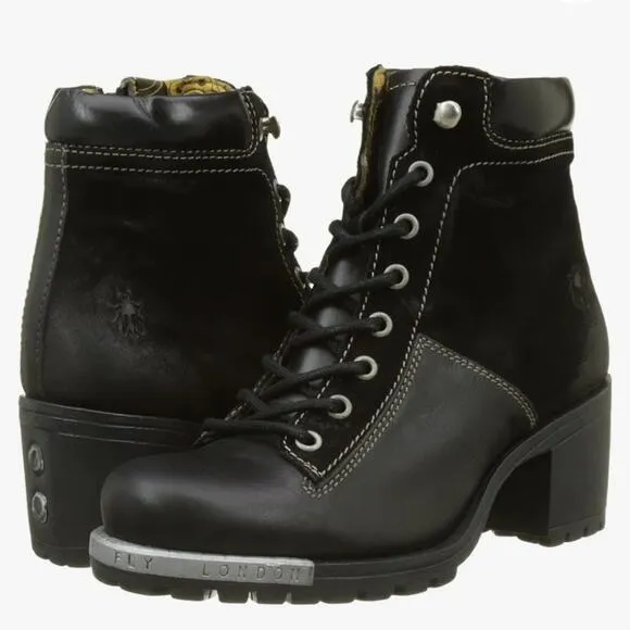 Fly London Womens Leal Block Heel Black Leather and Suede Boots