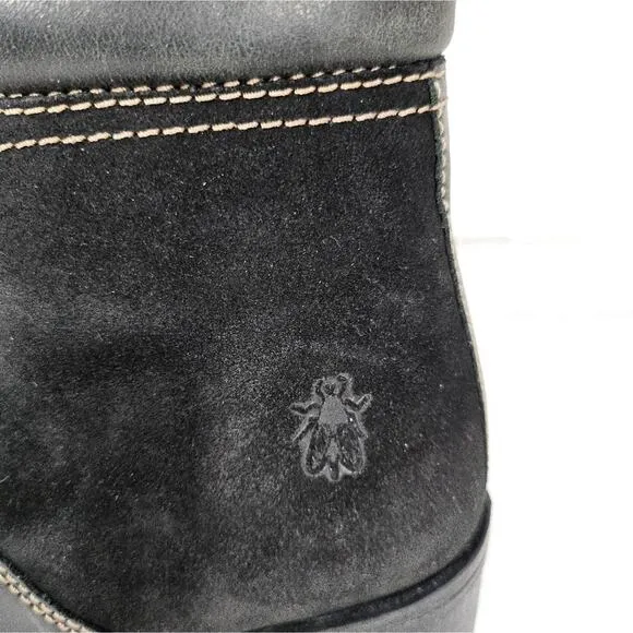 Fly London Womens Leal Block Heel Black Leather and Suede Boots