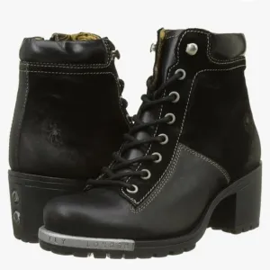 Fly London Womens Leal Block Heel Black Leather and Suede Boots
