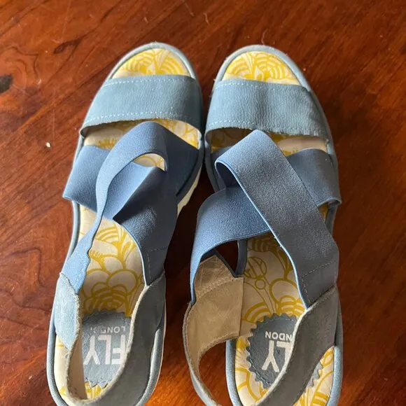 Fly London Women's Yaji Wedge Sandal Blue Women's Sz. 38 (US 7.5-8)