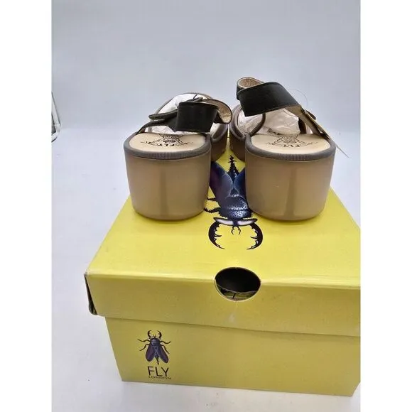 Fly London Beige &amp; Black Slingback Sandals EU 39 UK 6 USA 8 Women Leather Adjust