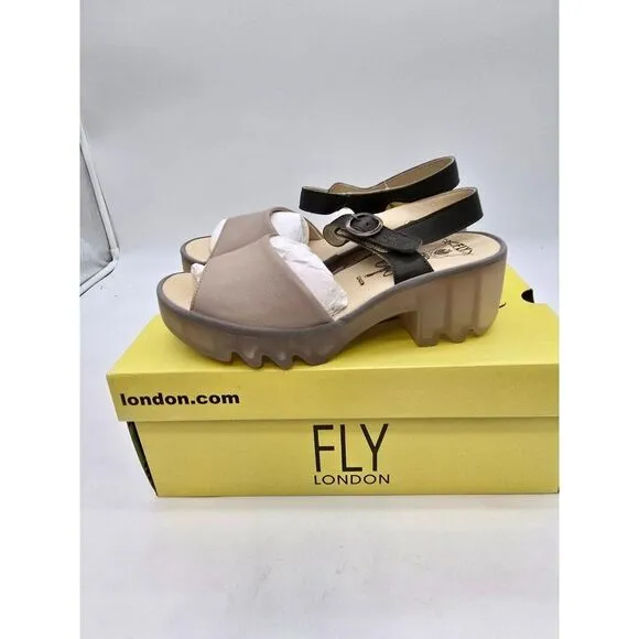 Fly London Beige &amp; Black Slingback Sandals EU 39 UK 6 USA 8 Women Leather Adjust