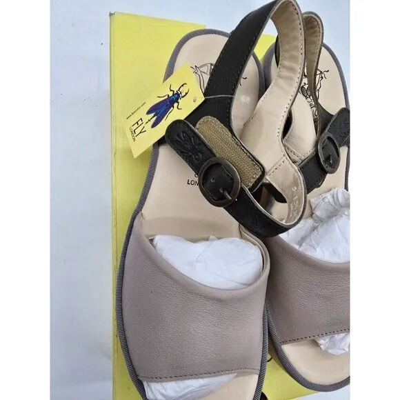Fly London Beige &amp; Black Slingback Sandals EU 39 UK 6 USA 8 Women Leather Adjust