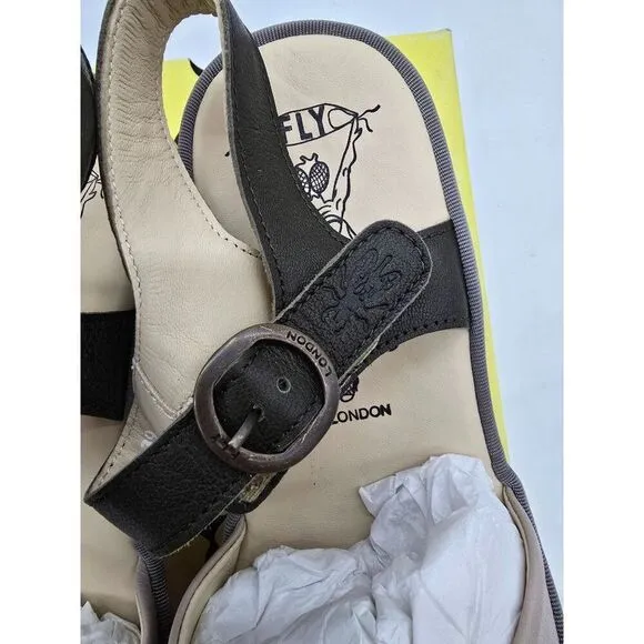 Fly London Beige &amp; Black Slingback Sandals EU 39 UK 6 USA 8 Women Leather Adjust
