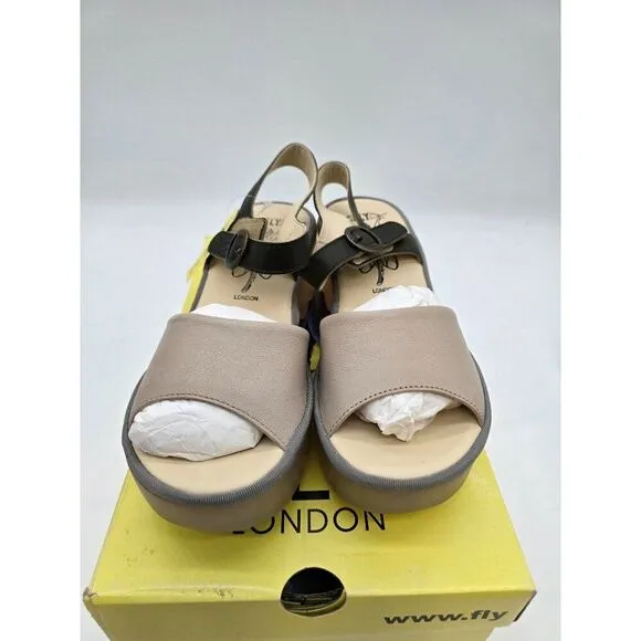 Fly London Beige &amp; Black Slingback Sandals EU 39 UK 6 USA 8 Women Leather Adjust