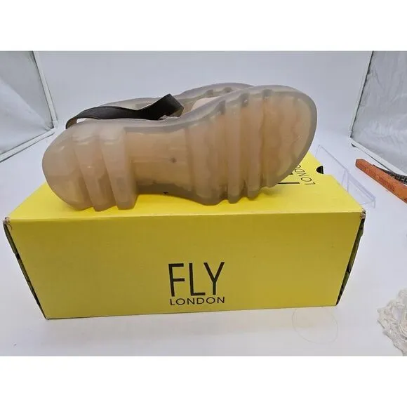 Fly London Beige &amp; Black Slingback Sandals EU 39 UK 6 USA 8 Women Leather Adjust