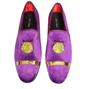 Foevtrue Mens Purple Velvet Gold Emblem Loafers Dress Shoes Size 46 12 US