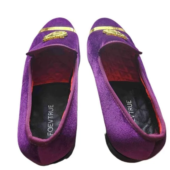 Foevtrue Mens Purple Velvet Gold Emblem Loafers Dress Shoes Size 46 12 US