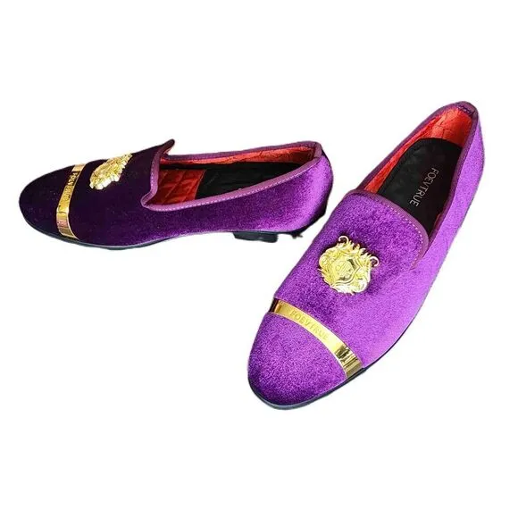 Foevtrue Mens Purple Velvet Gold Emblem Loafers Dress Shoes Size 46 12 US