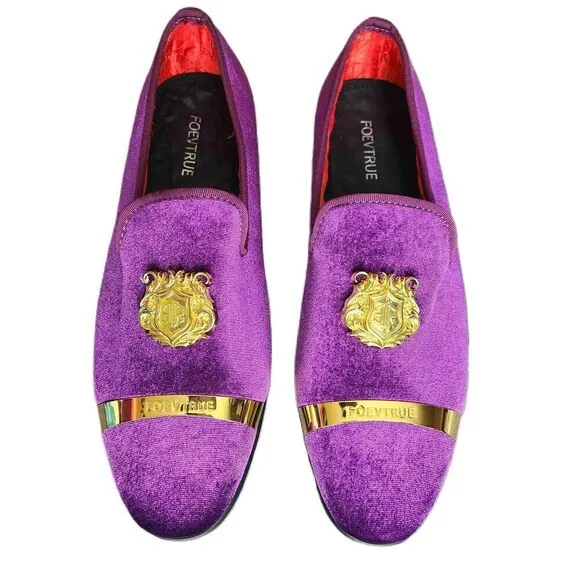 Foevtrue Mens Purple Velvet Gold Emblem Loafers Dress Shoes Size 46 12 US