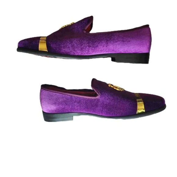 Foevtrue Mens Purple Velvet Gold Emblem Loafers Dress Shoes Size 46 12 US