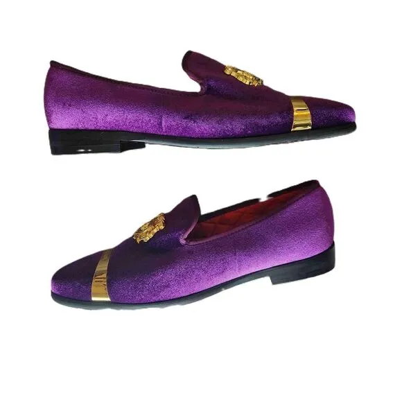 Foevtrue Mens Purple Velvet Gold Emblem Loafers Dress Shoes Size 46 12 US