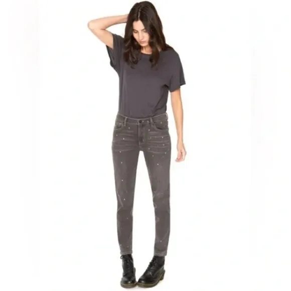 FP x SANDRINE ROSE Splatter Polka Dot Jeans Mid-Rise Medium Skinny 28 Grey NWT