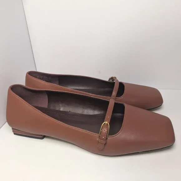 Franco Sarto Tayana Tan brown Mary Jane Square Toe Flats Womens 10 W Wide