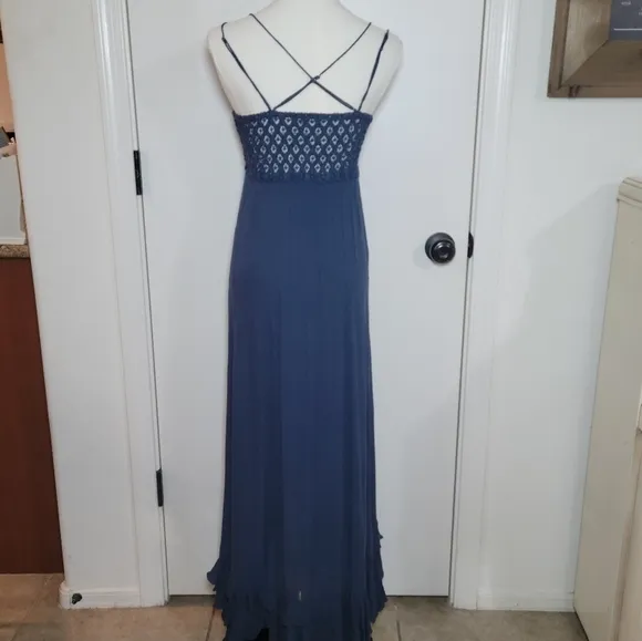 Free People Adella Blue Maxi Slip Boho Gown Beach Resort Dress Size S
