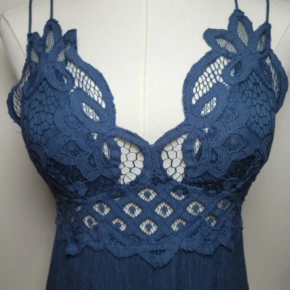 Free People Adella Blue Maxi Slip Boho Gown Beach Resort Dress Size S