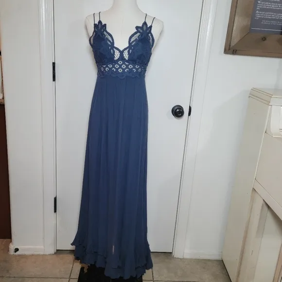 Free People Adella Blue Maxi Slip Boho Gown Beach Resort Dress Size S